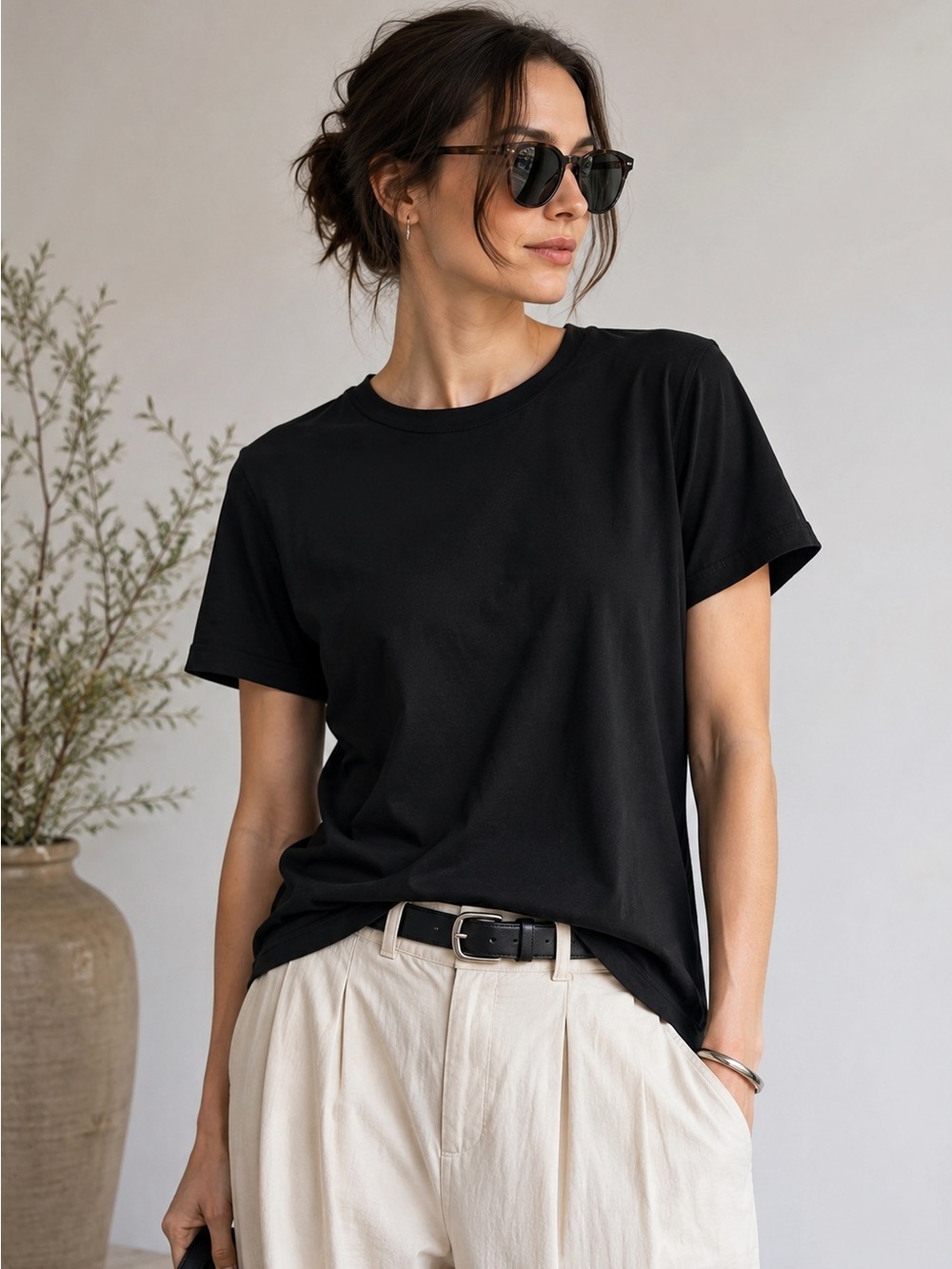 Organic by John Patrick Black Organic Cotton Crewneck Tee Minimalist Top Sz M